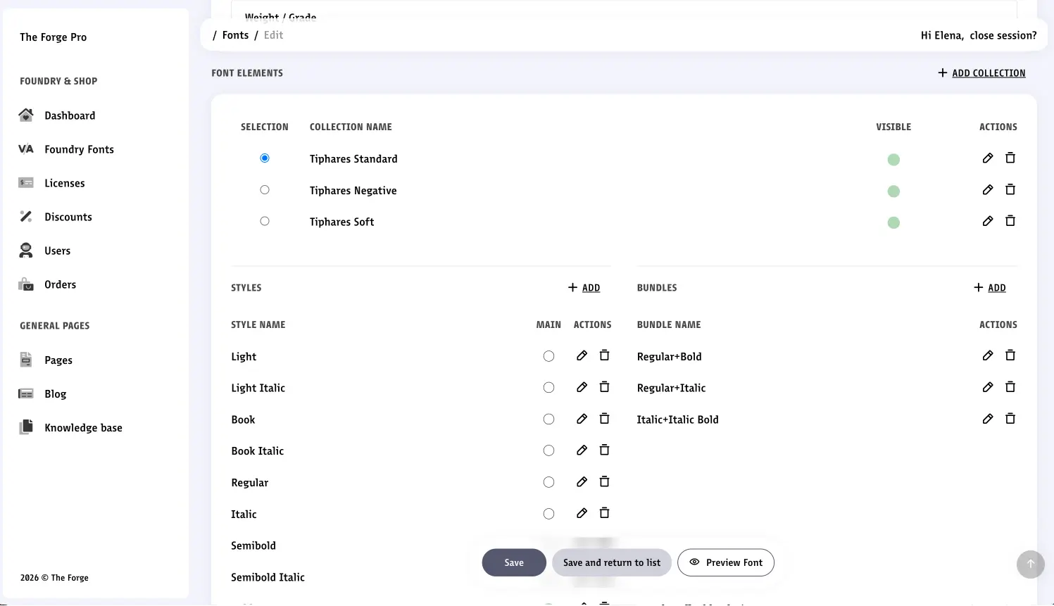 The Forge CMS Specimen font page management of families, bundles and styles